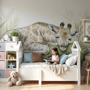 Sleeping giraffe mural wallpaper in peaceful nursery setting by Kids-Mundo