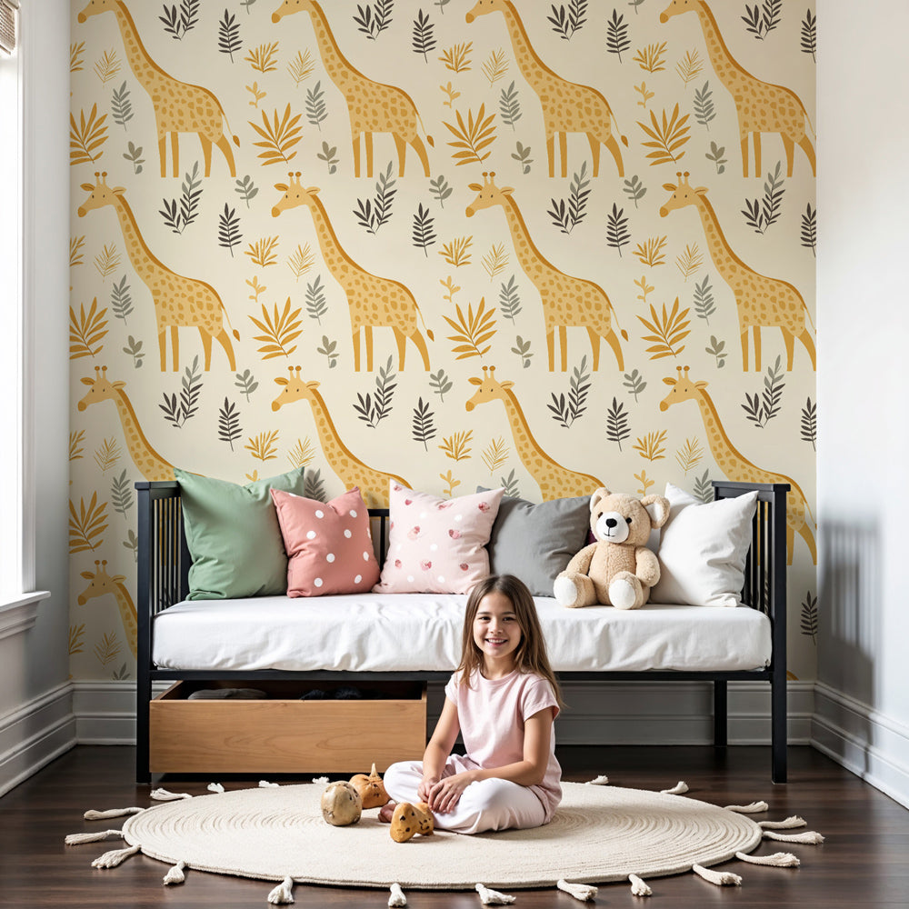 Giraffe botanical mural wallpaper creating adventure-themed nursery by Kids-Mundo
