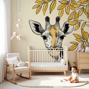 Curious giraffe mural wallpaper with golden foliage creating peaceful nursery atmosphere by Kids-Mundo