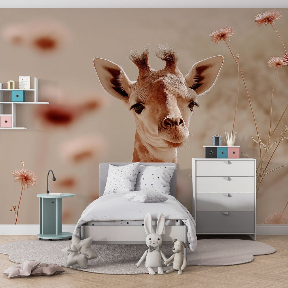 Baby nursery featuring adorable giraffe wallpaper with gentle floral garden theme and wooden furniture