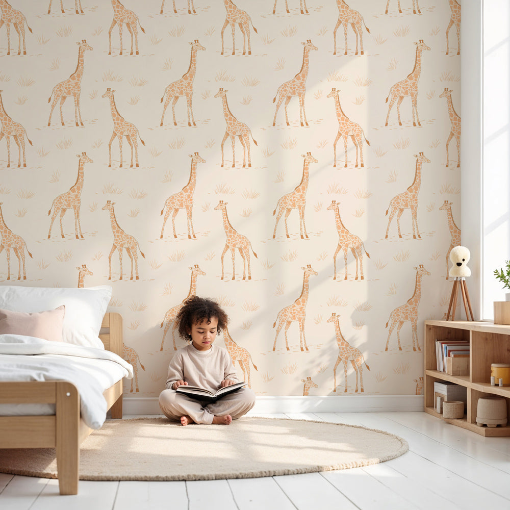 Gentle giraffe mural wallpaper creating peaceful nursery decor in modern kids room by Kids-Mundo