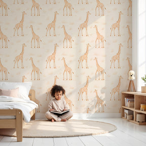 Gentle giraffe mural wallpaper creating peaceful nursery decor in modern kids room by Kids-Mundo