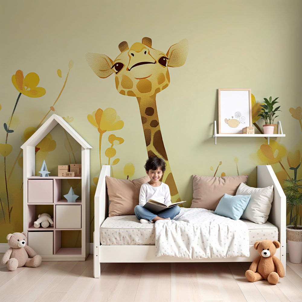 Giraffe garden mural wallpaper in bright children's nursery with natural wood furniture by Kids-Mundo