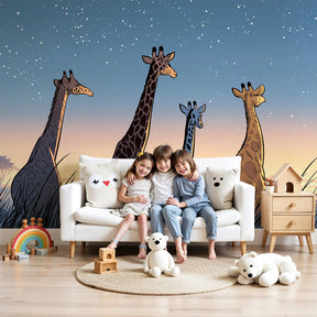 Giraffe starry safari mural wallpaper in modern nursery room setting by Kids-Mundo