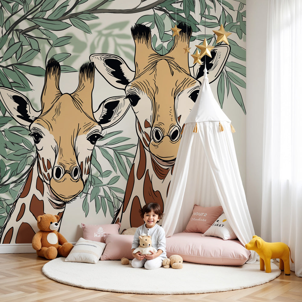 Giraffe mural wallpaper in modern nursery with wooden furniture by Kids-Mundo