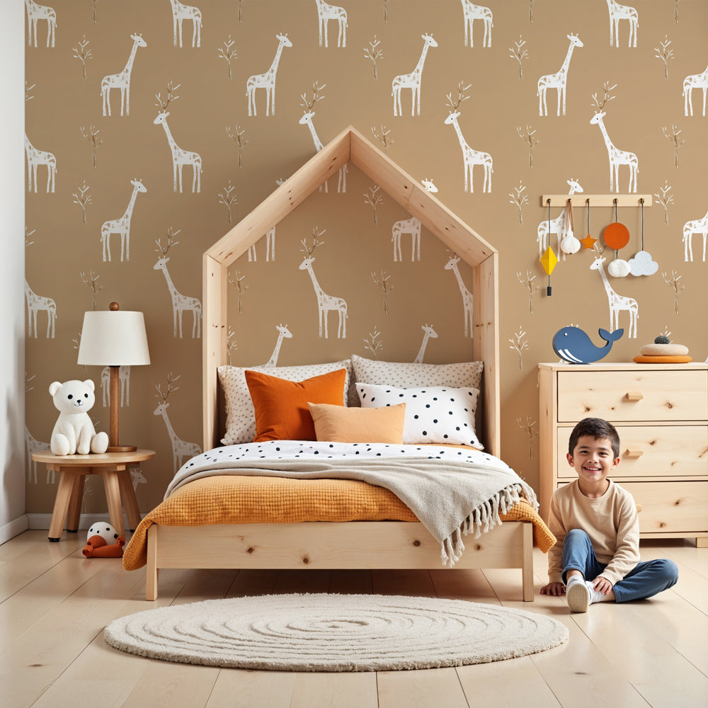 Gentle giraffe mural wallpaper creating peaceful nursery decor with beige safari theme by Kids-Mundo
