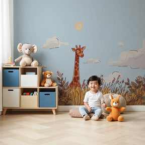 Giraffe mural wallpaper in modern nursery with natural wood furniture by Kids-Mundo