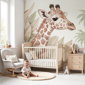 Giraffe jungle mural wallpaper in modern nursery with natural wood furniture by Kids-Mundo