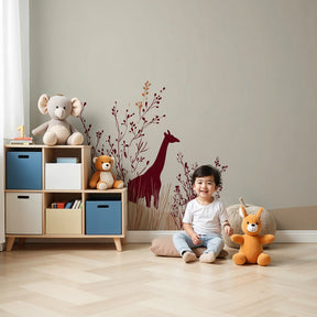 Elegant giraffe mural wallpaper in modern nursery with natural wood furniture by Kids-Mundo