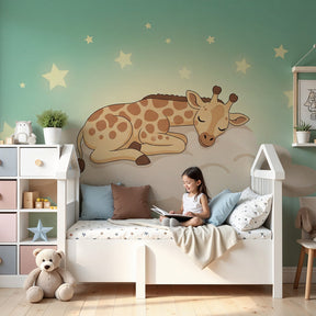 Sleeping giraffe mural wallpaper creating peaceful nursery atmosphere with cloud and stars by Kids-Mundo