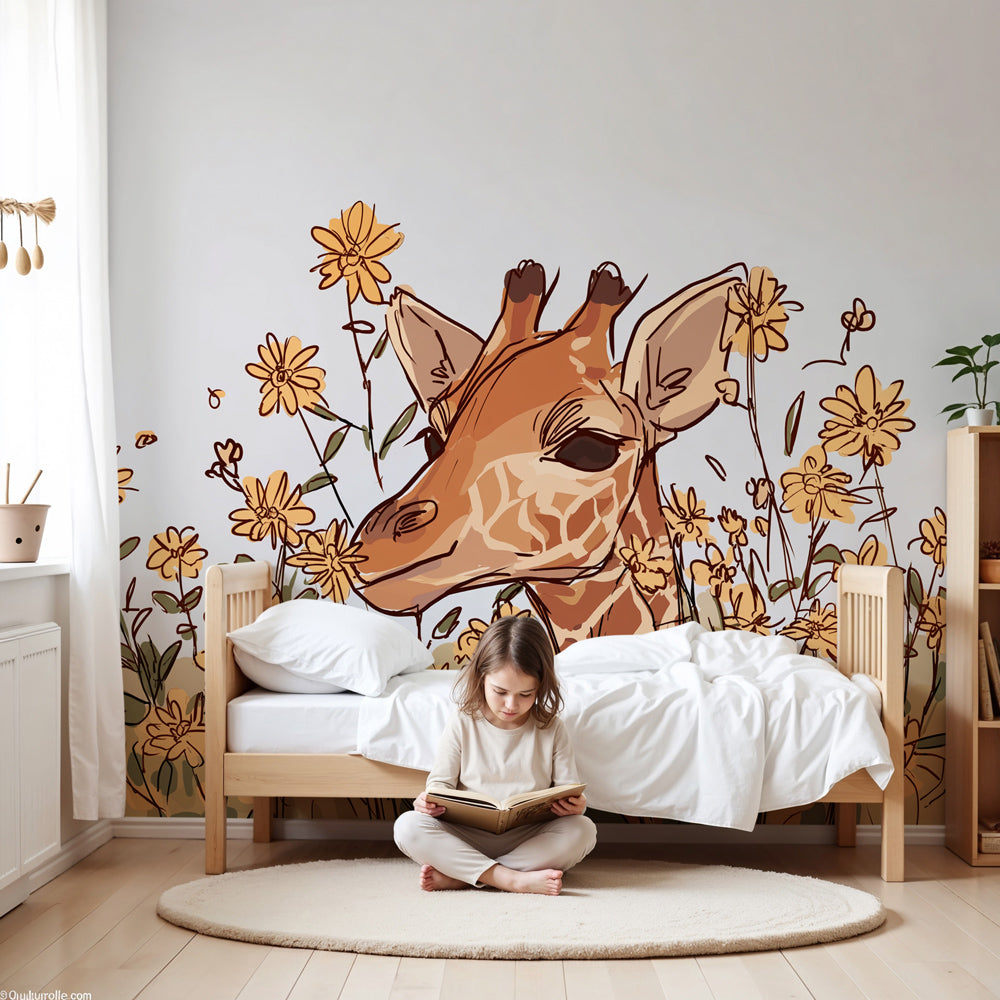 Golden giraffe floral mural wallpaper decorating modern nursery by Kids-Mundo
