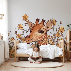 Golden giraffe floral mural wallpaper decorating modern nursery by Kids-Mundo