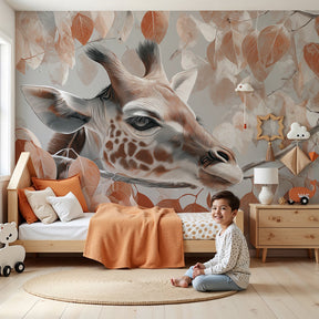 Elegant giraffe mural wallpaper creating safari-themed nursery decor with autumn leaves by Kids-Mundo