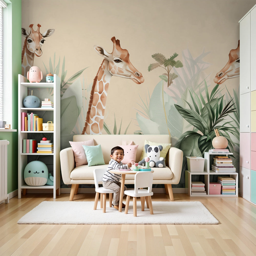 Giraffe mural wallpaper transforming modern nursery with tropical jungle safari theme by Kids-Mundo