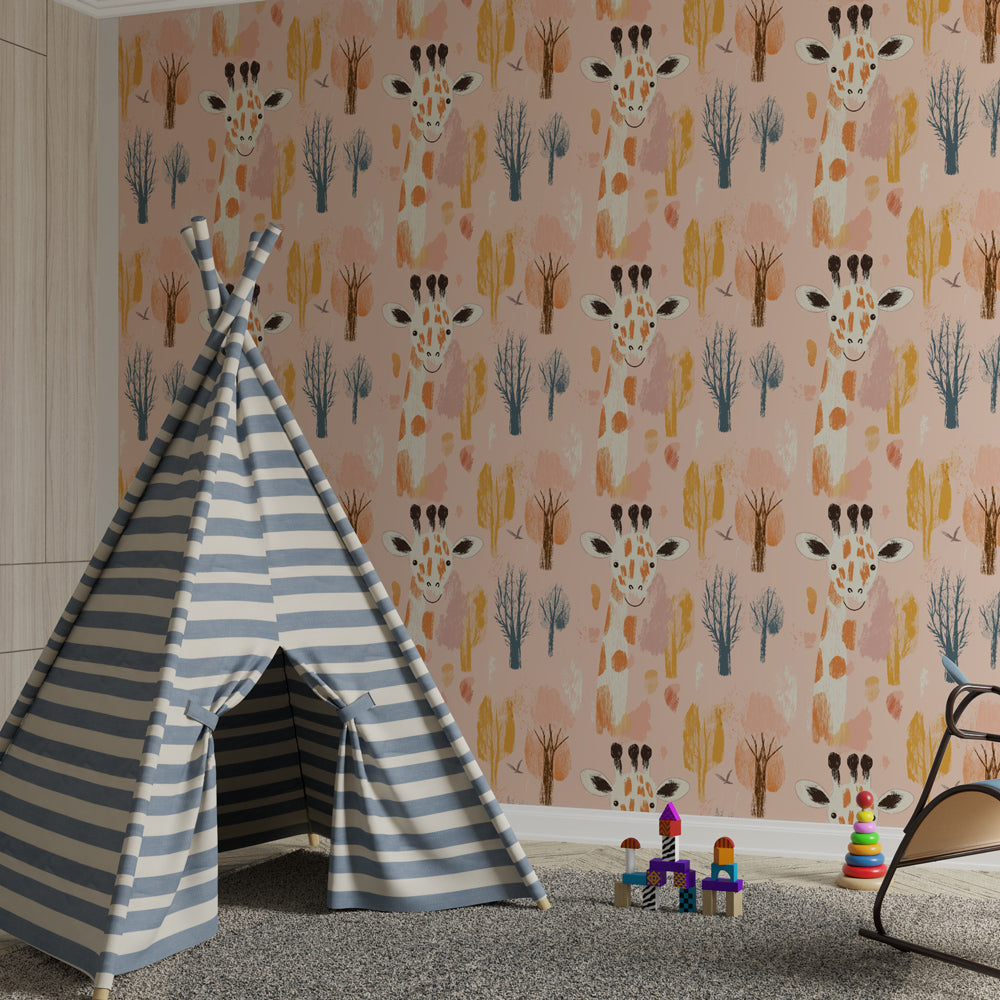 Safari giraffe wallpaper with colorful trees decorating bright children's nursery space