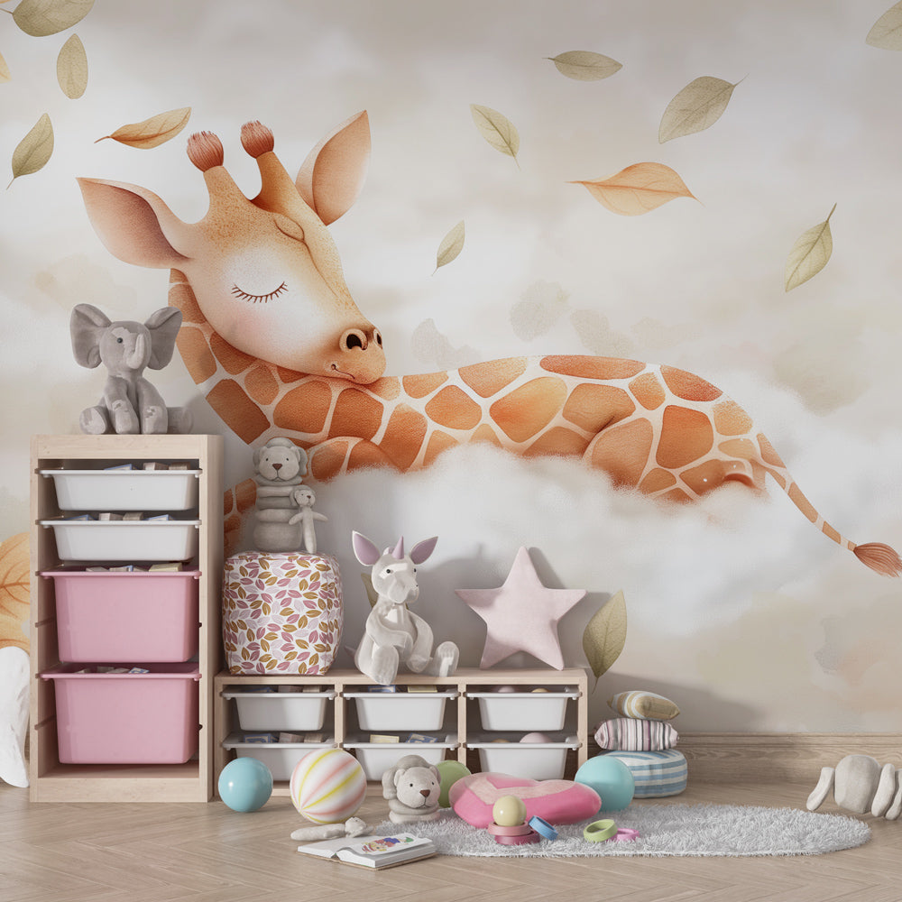 Animal mural wallpaper with sleeping giraffe for peaceful kids room by Kids-Mundo