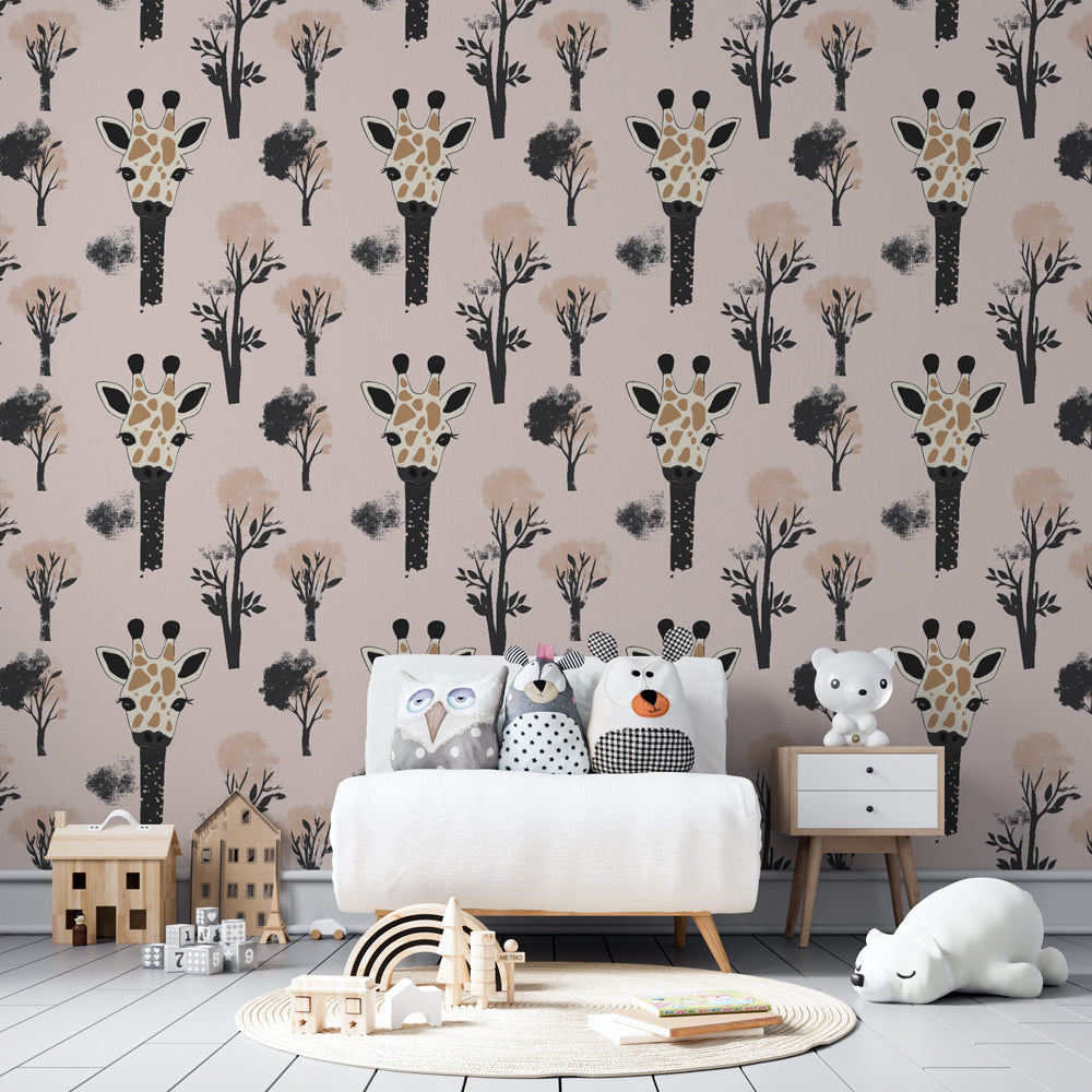 Nature-inspired giraffe wallpaper transforming playroom into African safari adventure space