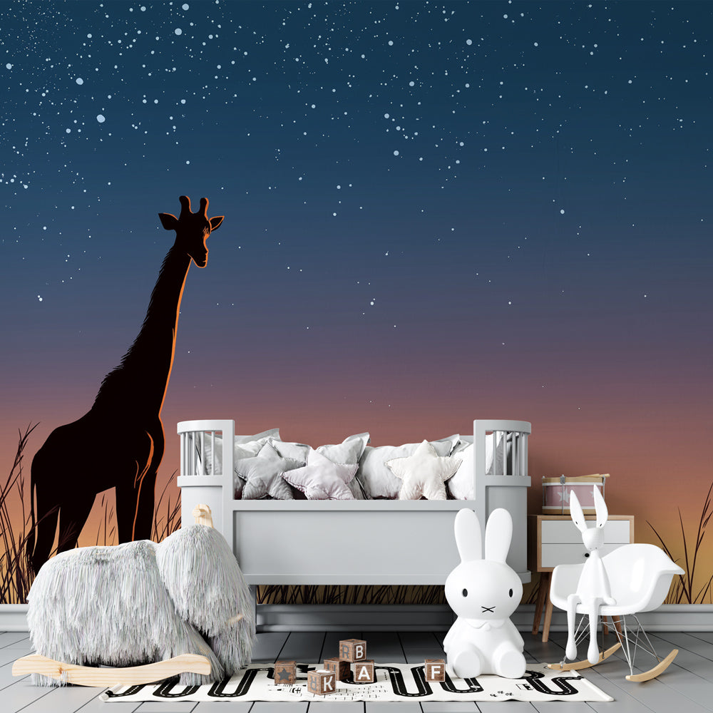 African giraffe mural wallpaper transforming children's playroom with sunset and stars design
