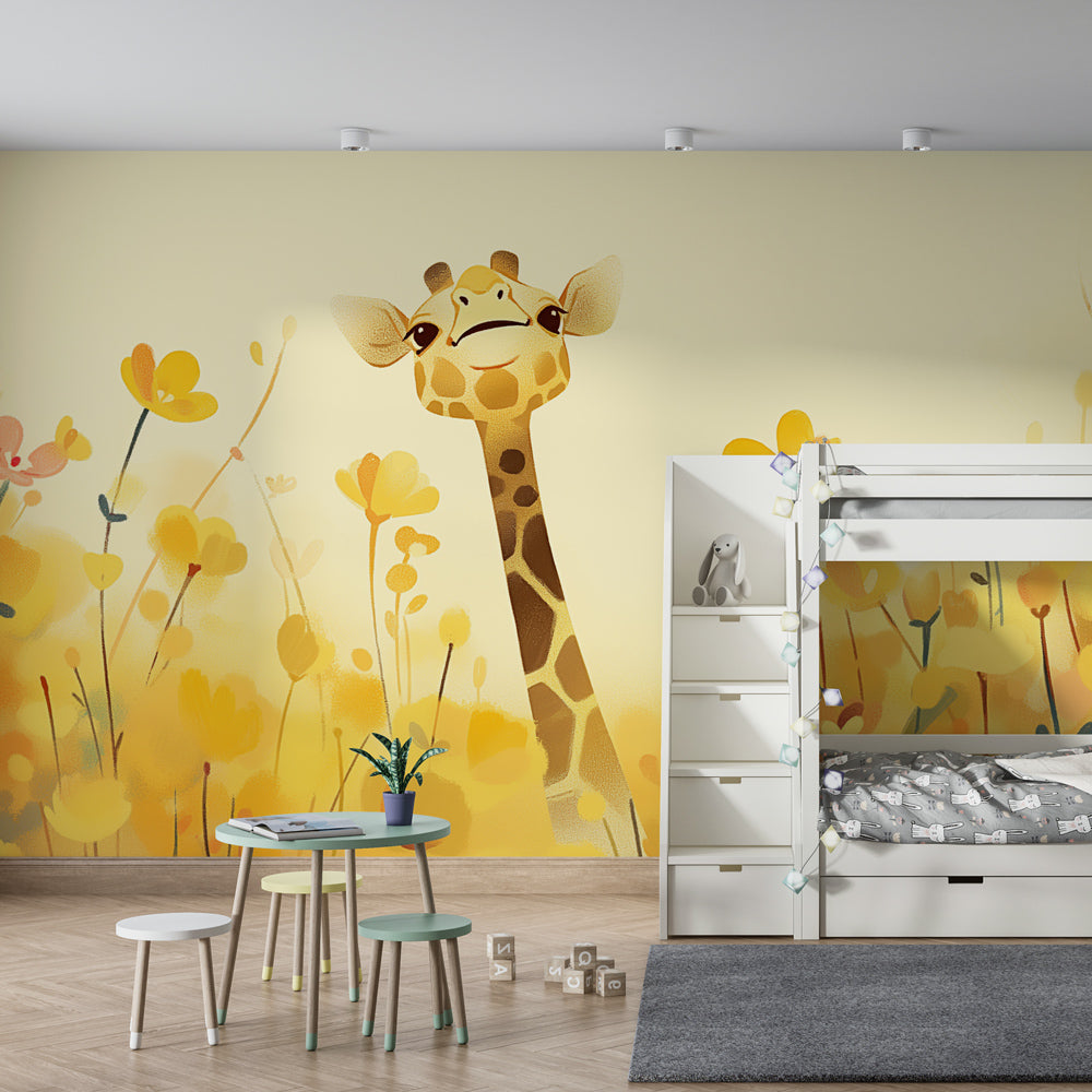 Joyful giraffe and flowers mural wallpaper transforming children's playroom into garden paradise