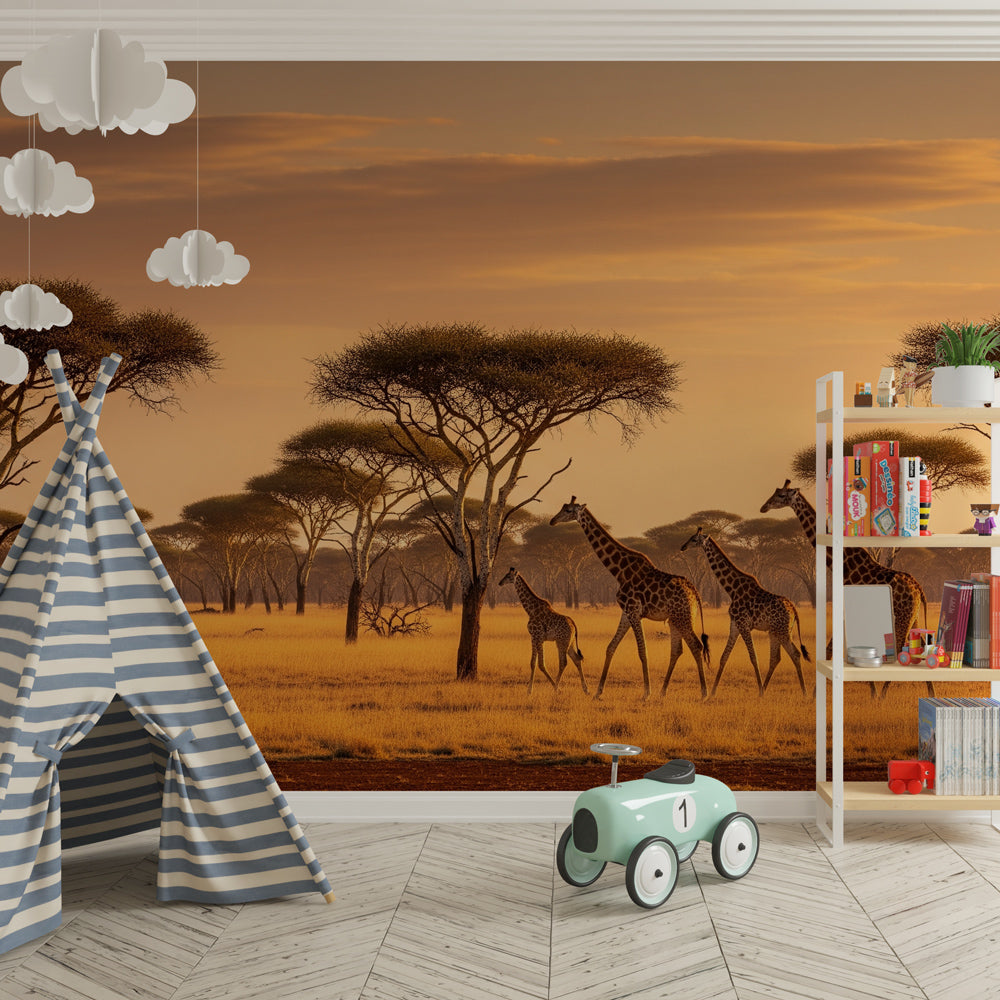 African animal mural wallpaper transforming children's playroom into safari adventure