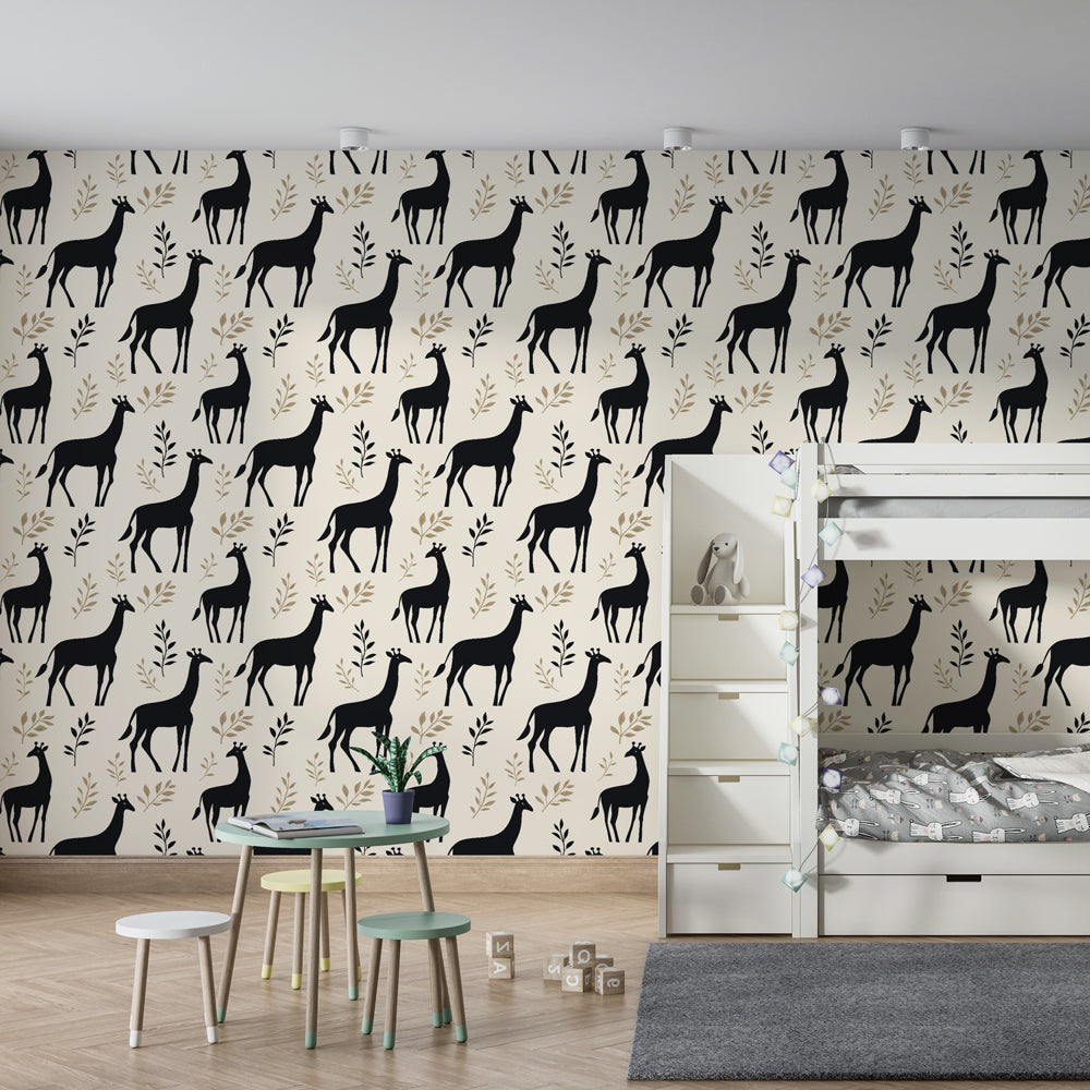 Nature-themed giraffe mural wallpaper transforming kids playroom into elegant safari adventure space