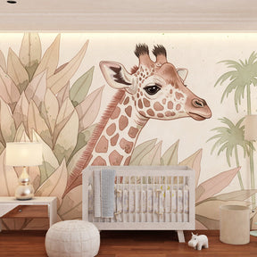 Animal themed giraffe mural wallpaper transforming kids playroom into jungle adventure