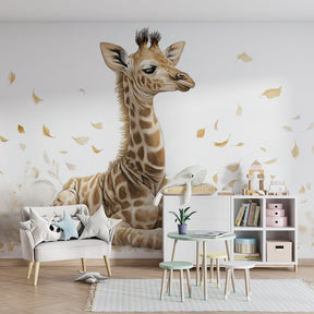 Golden leaves giraffe mural wallpaper transforming kids playroom into safari retreat