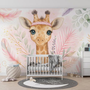 Tropical giraffe mural wallpaper transforming playroom into gentle safari adventure