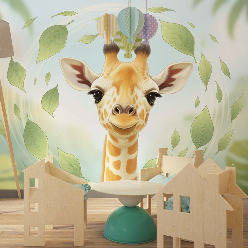 Adorable giraffe wallpaper transforming kids playroom with gentle jungle theme