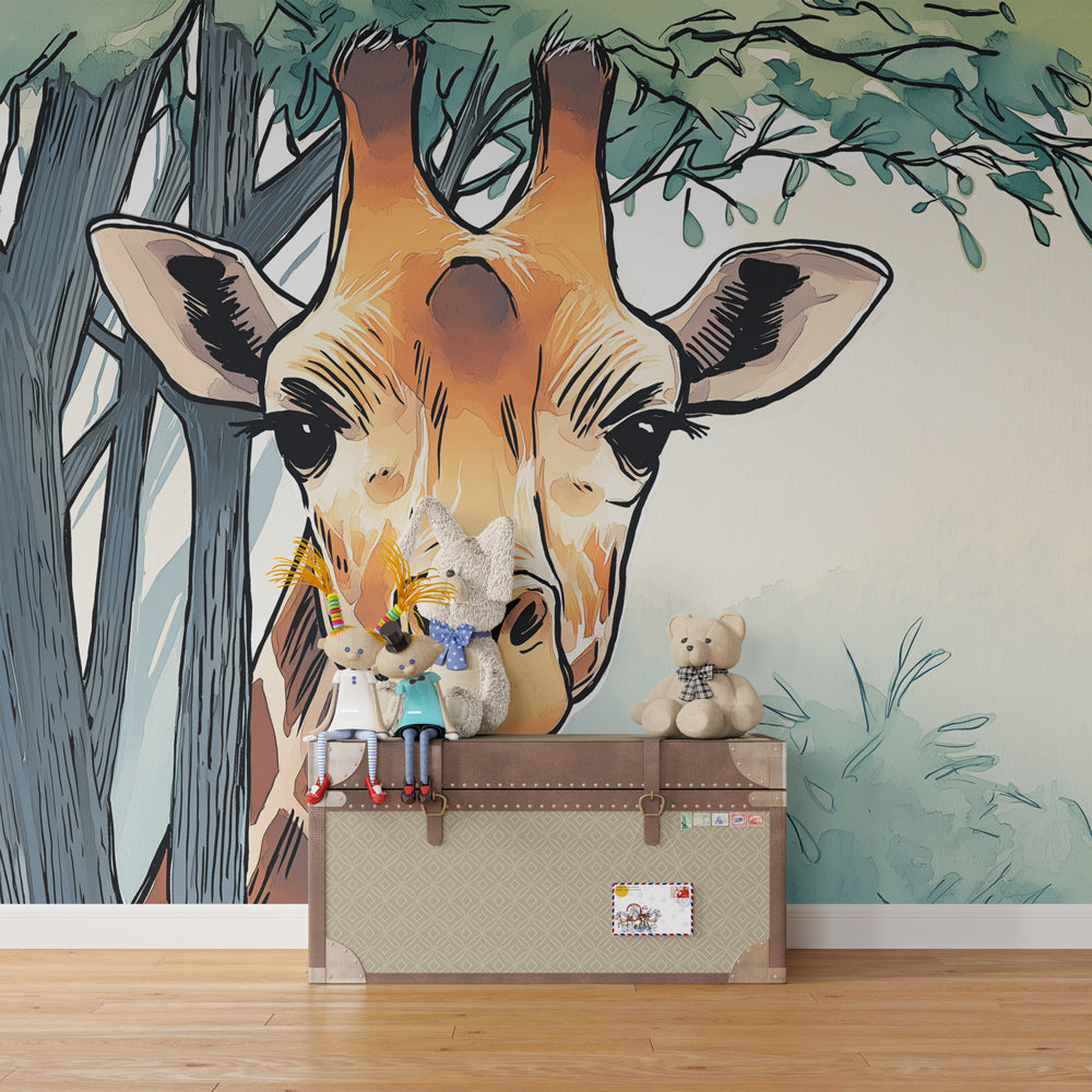 African giraffe mural wallpaper transforming kids playroom into wildlife adventure space
