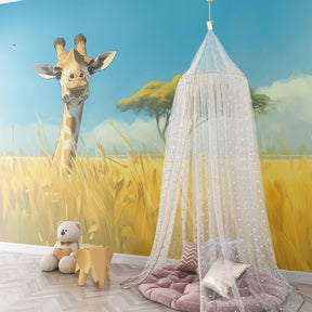 Safari animal mural wallpaper for playroom featuring cheerful giraffe in natural habitat