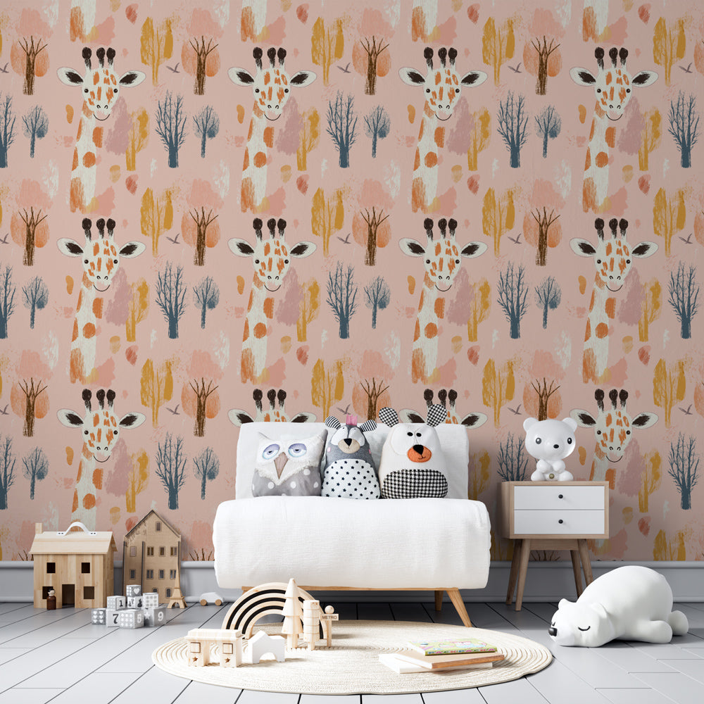 Animal themed giraffe wallpaper transforming playroom into safari adventure by Kids-Mundo