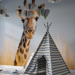 Golden grassland giraffe mural wallpaper transforming children's playroom decor