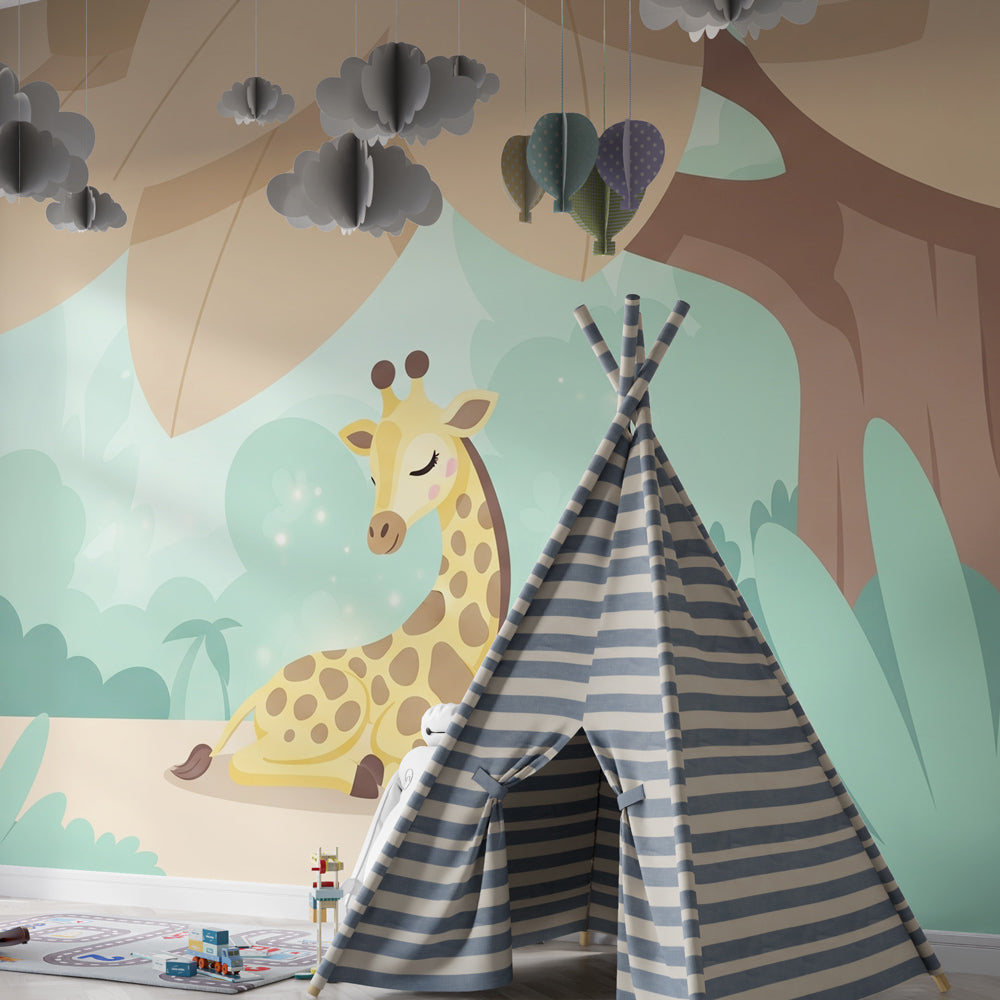 Nature-themed giraffe mural wallpaper in kids playroom with wooden toys and green accents
