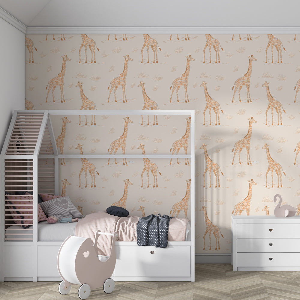 Delicate giraffe mural wallpaper in bright playroom setting showcasing gentle animal theme decor