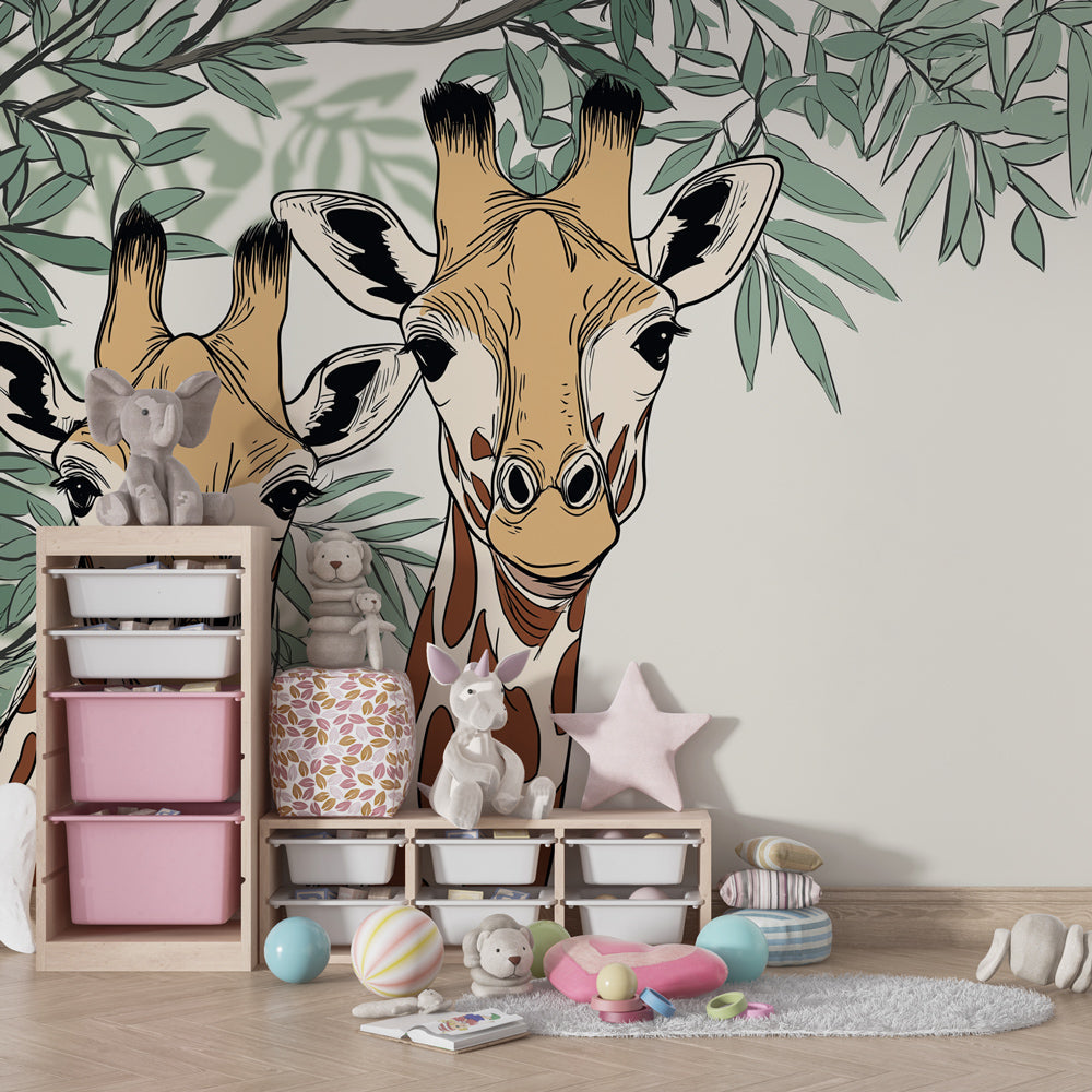 Animal themed giraffe wallpaper transforming kids playroom into gentle savanna space