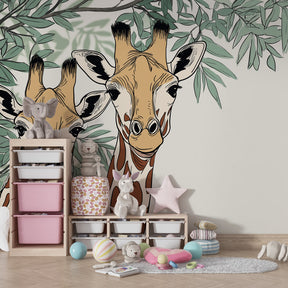 Animal themed giraffe wallpaper transforming kids playroom into gentle savanna space