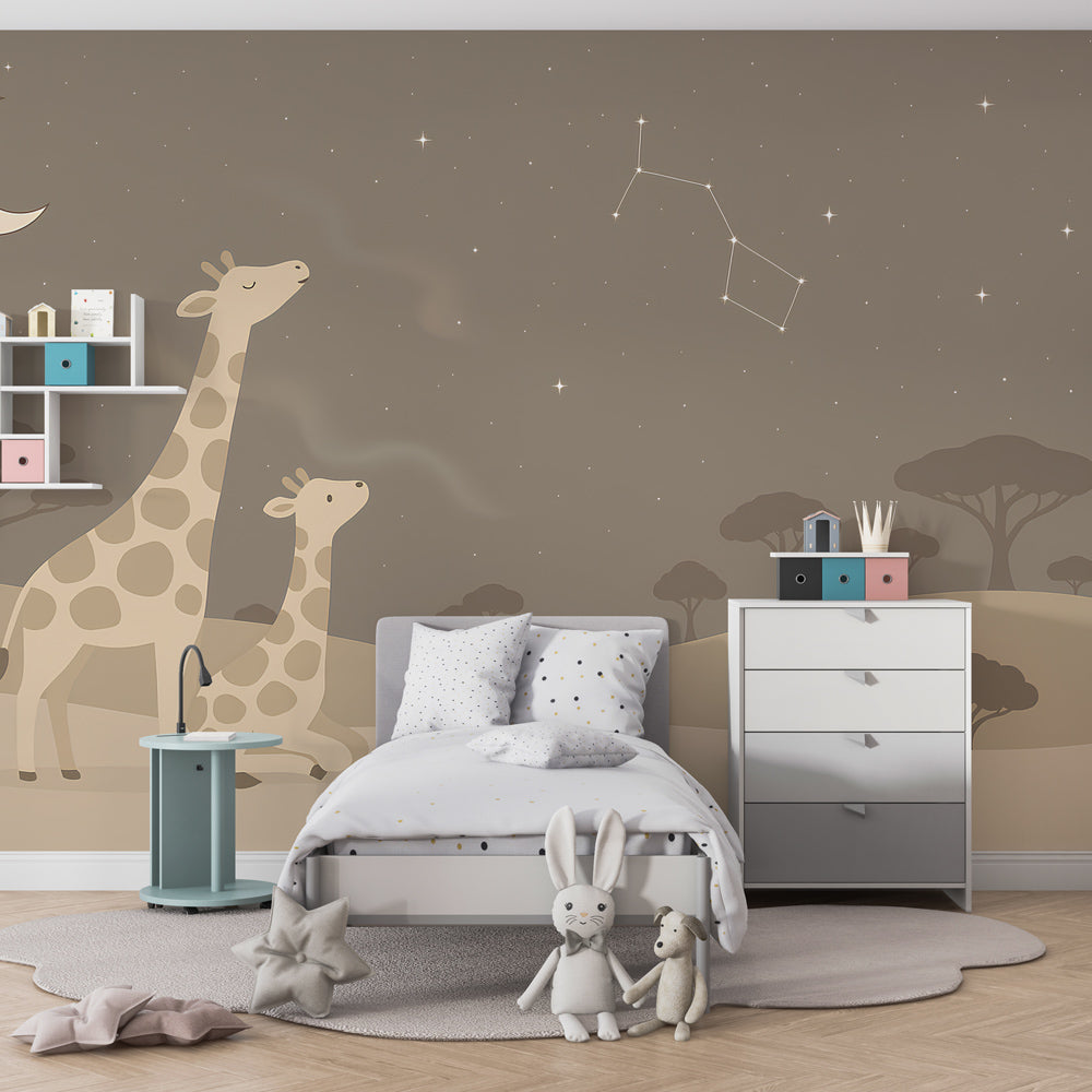 Starry night giraffe mural wallpaper transforming children's playroom into magical African safari scene