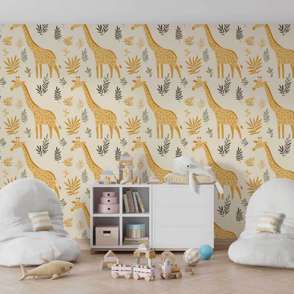 Nature-inspired giraffe mural wallpaper transforming kids playroom into safari adventure