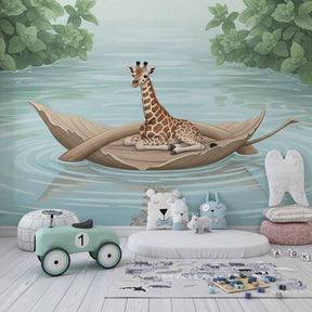 Children's giraffe wallpaper transforming playroom with calming blue and green nature scene