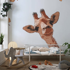 Safari giraffe wallpaper creating adventurous kids bedroom decor with blue sky background