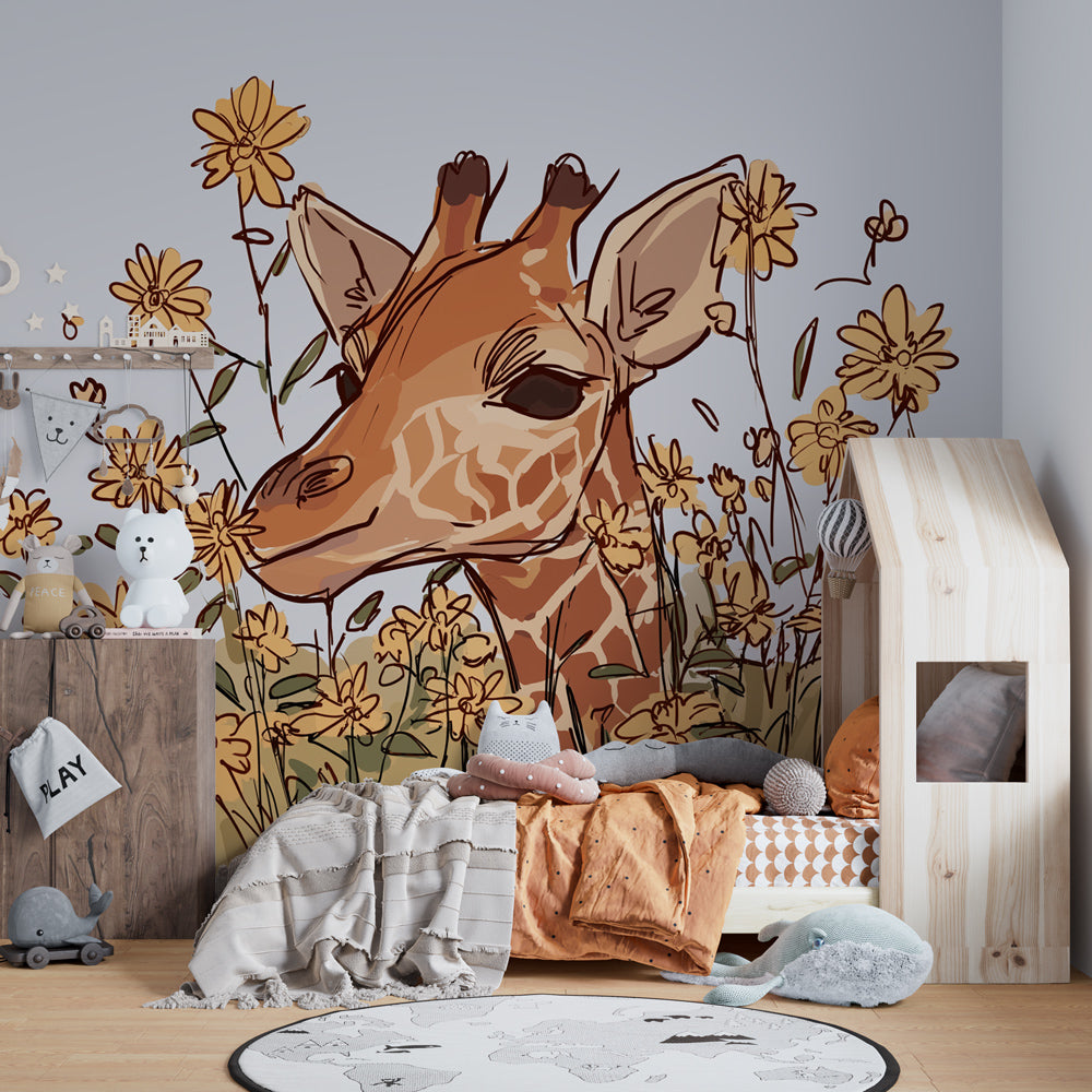Safari giraffe wallpaper creating peaceful children's bedroom with natural decor