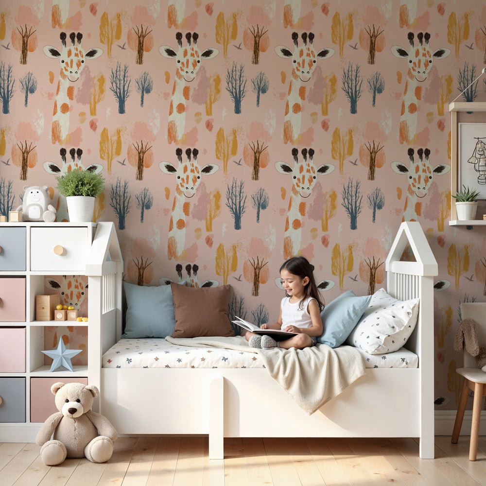 Cheerful giraffe mural wallpaper creating safari adventure in modern kids bedroom by Kids-Mundo