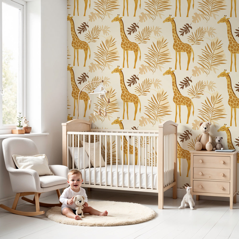 Giraffe mural wallpaper creating tropical safari atmosphere in modern kids nursery by Kids-Mundo