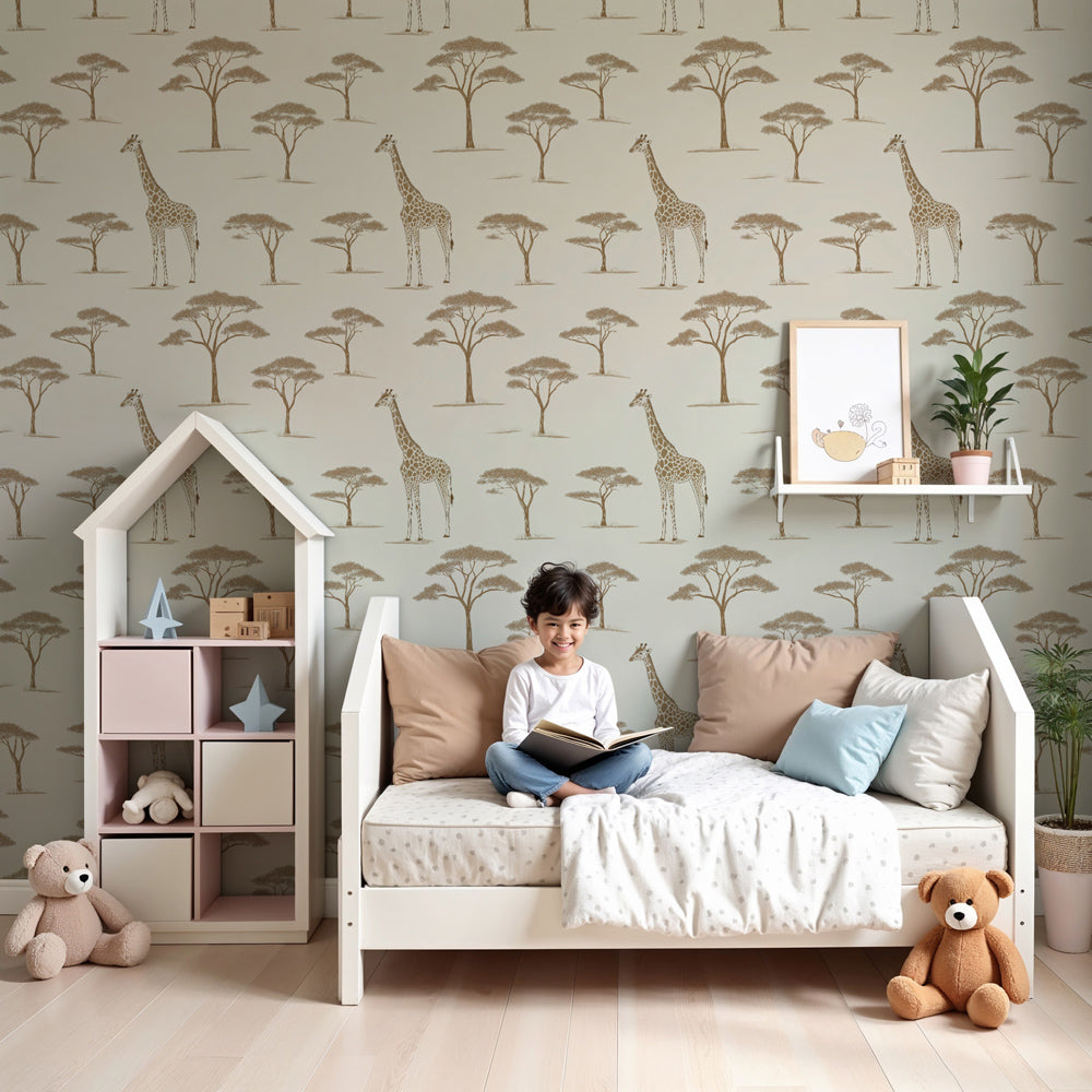 Giraffe safari mural wallpaper in modern nursery with natural wood furniture by Kids-Mundo