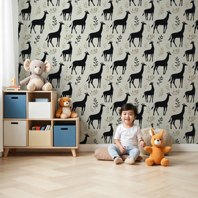 Elegant giraffe mural wallpaper creating safari-themed nursery decor with cream and gold tones by Kids-Mundo