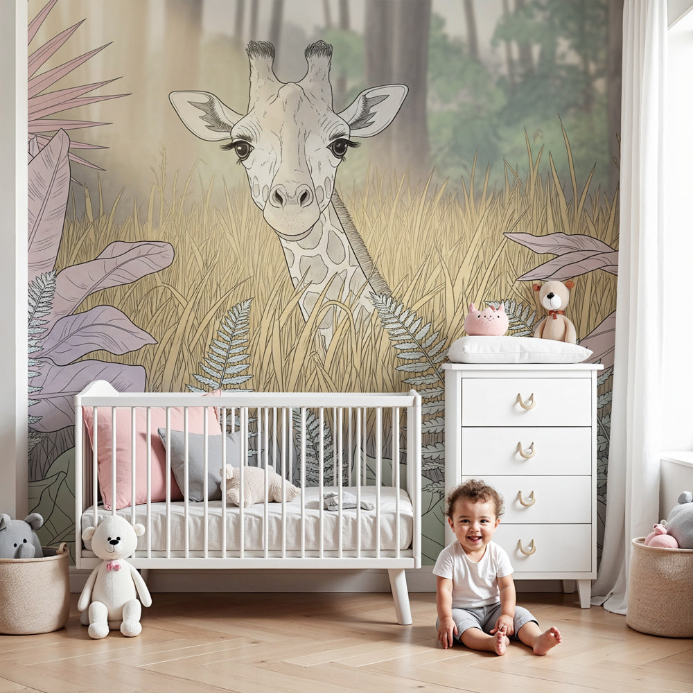 Curious giraffe mural wallpaper creating magical safari nursery decor by Kids-Mundo