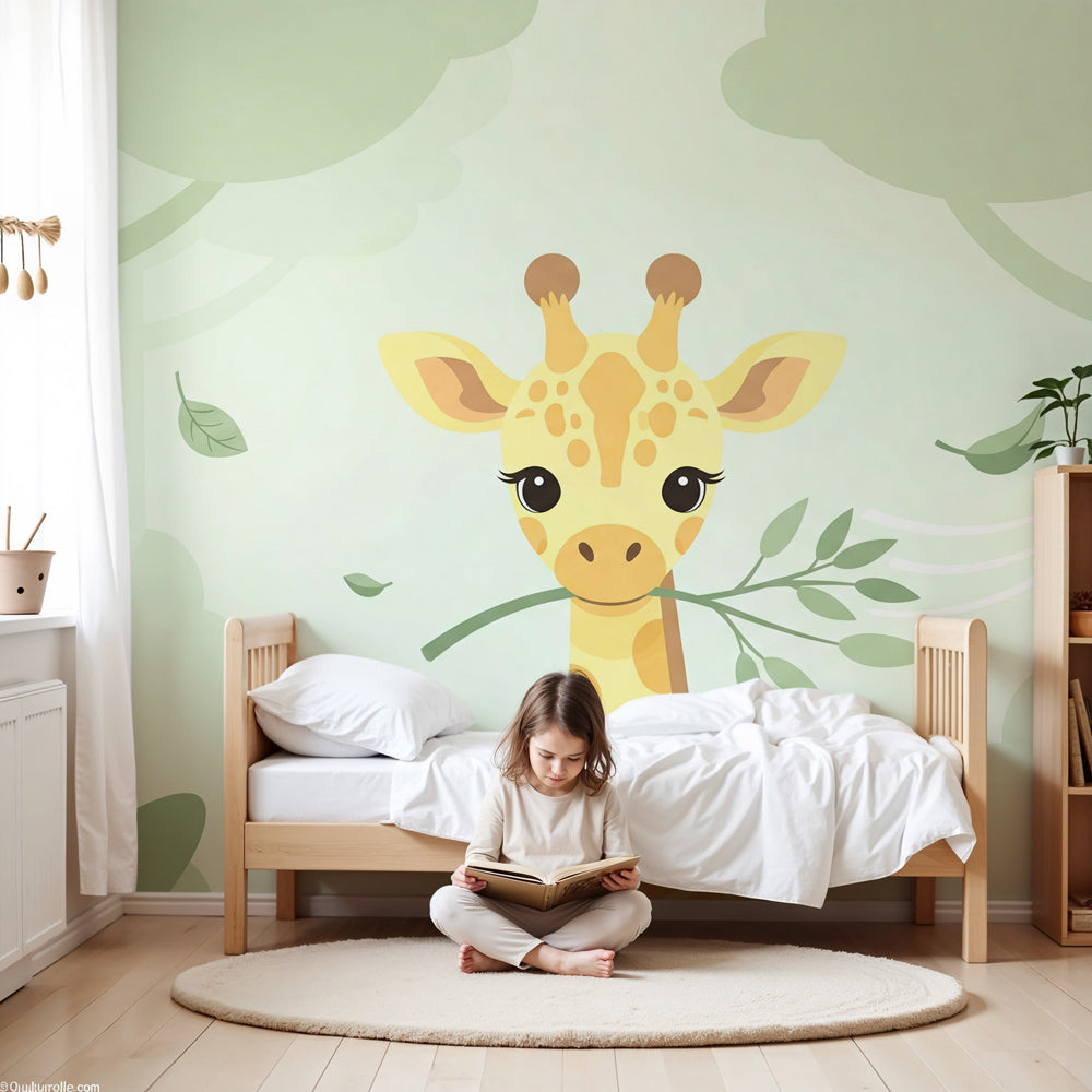 Giraffe mural wallpaper in modern nursery with natural wood crib by Kids-Mundo