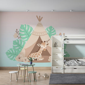 Safari giraffe wallpaper creating cozy children's bedroom decor with pastel colors