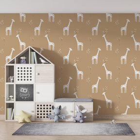 Beige giraffe mural wallpaper for toddler room showcasing gentle safari animals and nature elements